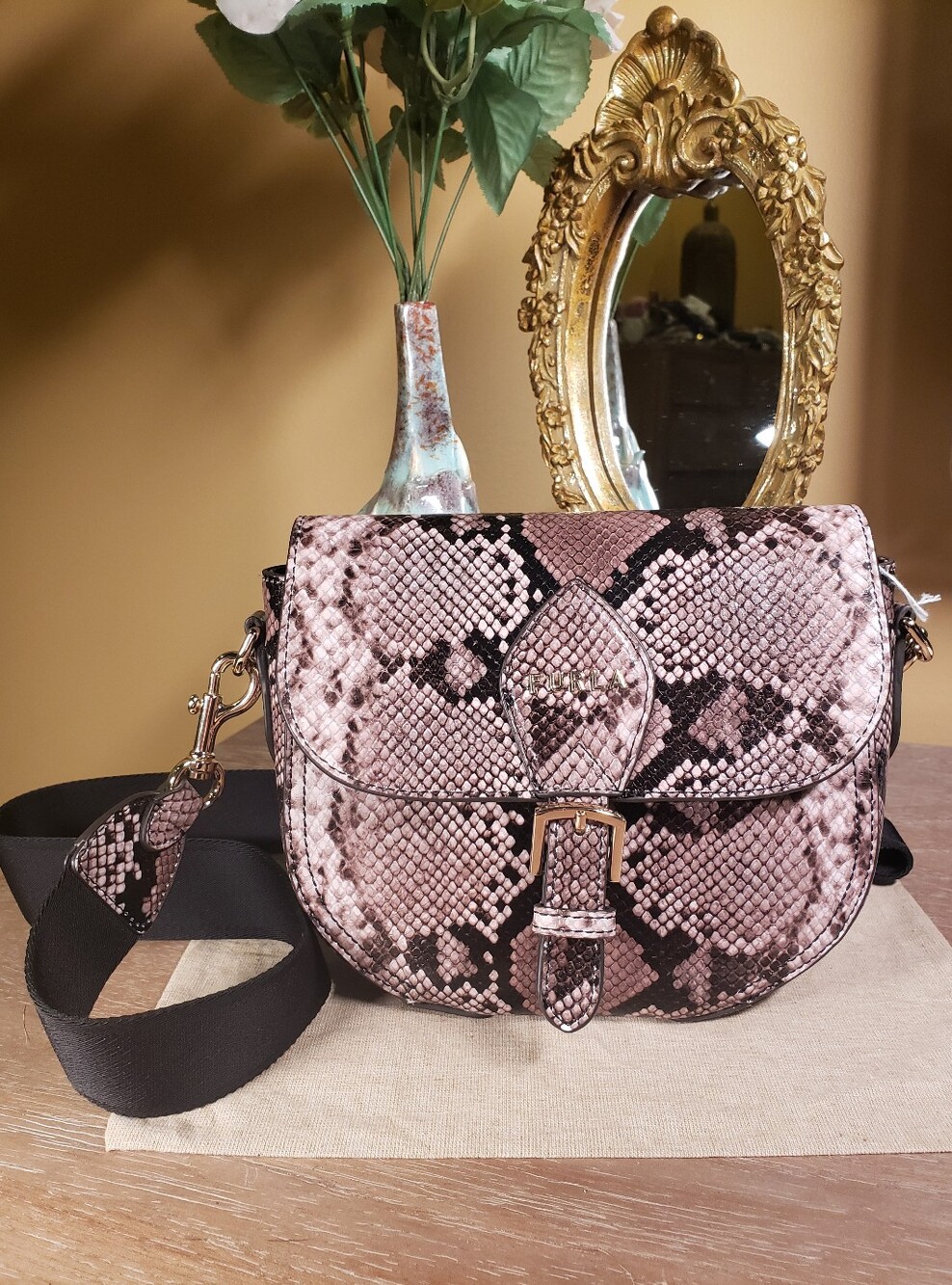 Furla Embossed Snakeskin Saddlebag Crossbody w/ Buckle Detail (MSRP $398)